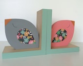 Bird Bookends, Gray, Coral and Mint Green, Bird Kids Decor, Bird Nursery, eco friendly