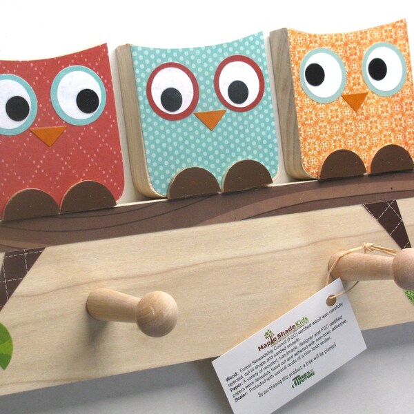 Owl Friends Peg Rack - Orange, Blue and Red - eco-friendly by Maple Shade Kids