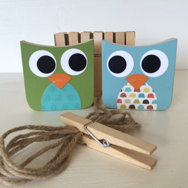 Owl Art Display Clips, Green and Blue, Owl Kids Decor, Owl Decor,  eco-friendly