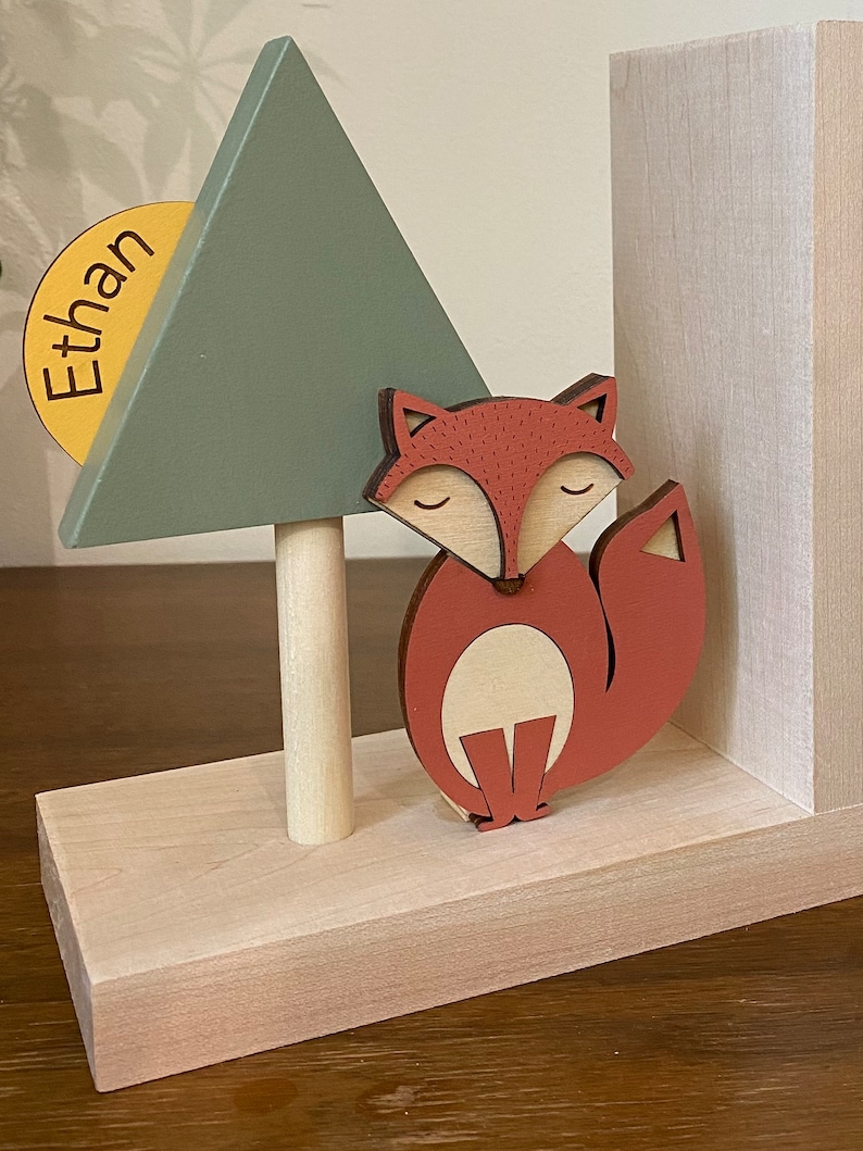 Personalized sun with tree and fox bookend