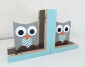 Owl Bookends, Aqua Blue and Gray,  Woodland Nursery, Owl Kids Decor, Children's Bookends, Wood Bookends, Owl Decor, eco-friendly