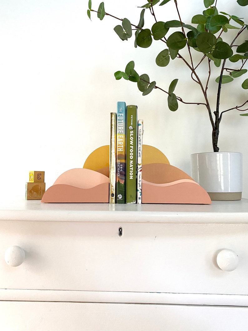 Desert Sunrise Landscape Bookends perfect for a Boho Baby Nursery, organizing kids books or bringing bohemian feel to a home. image 3