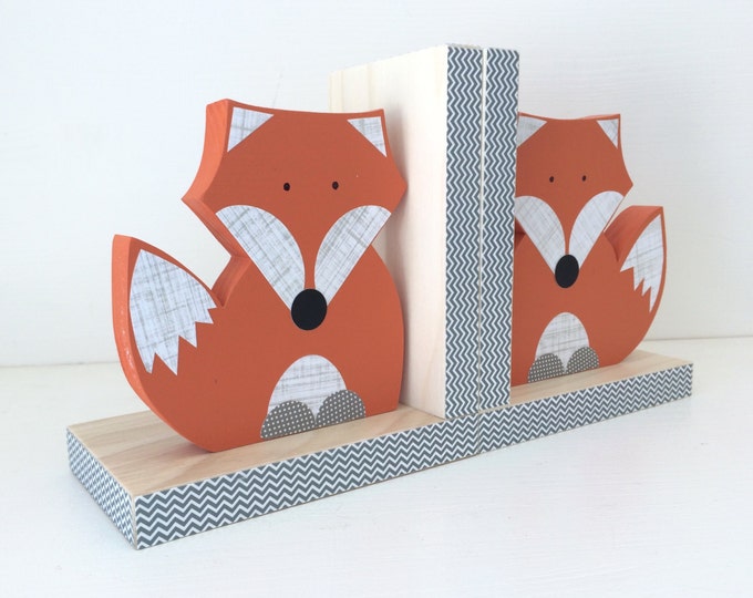 Fox Bookends, Orange and Gray, Woodland Nursery, Woodland Kids Decor