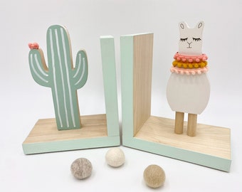 Light Green Cactus and Llama Bookends, Bohemian Baby Nursery, Boho Kids Decor, Southwest Decor, Alpaca Kids, Llama Baby Shower Gift,