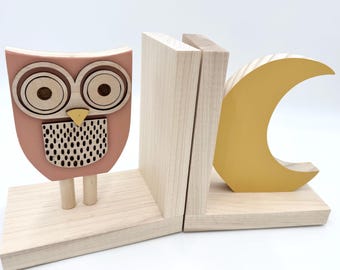Handmade Owl and Moon Bookends: Natural Wood Nursery Decor