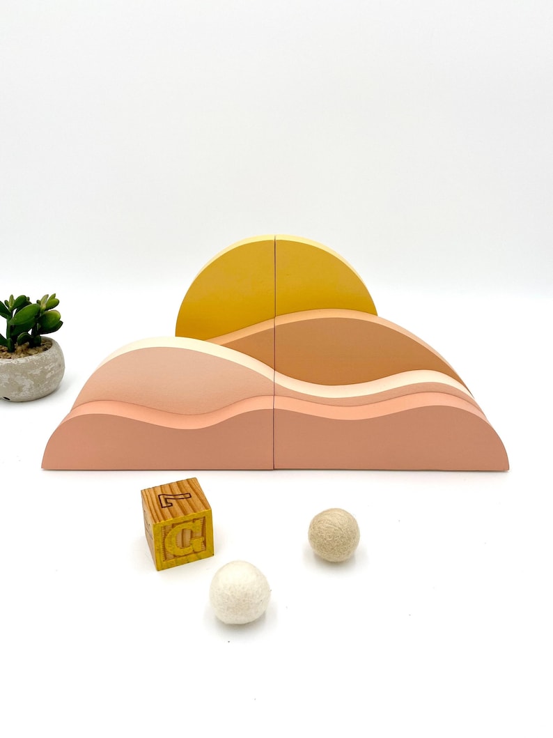 Desert Sunrise Landscape Bookends perfect for a Boho Baby Nursery, organizing kids books or bringing bohemian feel to a home. image 1