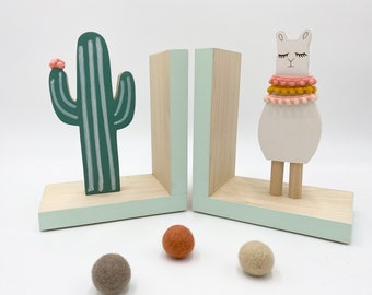 Green Cactus and Llama Bookends, Bohemian Baby Nursery, Boho Kids Decor, Southwest Decor Alpaca Kids, Llama Gifts, Llama Baby Shower