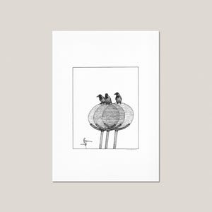 Three Crows Art Print — Urban Ink Drawing, Black and White Bird Illustration