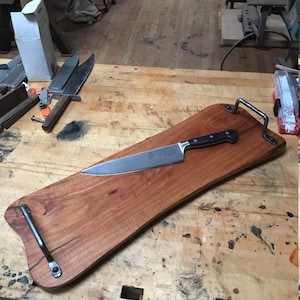 Mesquite Wood Serving Board Tray or Cutting Board with Hand Forged Wrought Iron Handles