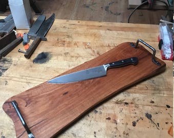 Mesquite Wood Serving Board Tray or Cutting Board with Hand Forged Wrought Iron Handles