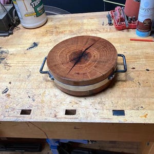 Mesquite Wood Cutting Board Round with Forged Stainless Hoop and STAINLESS HANDLES!