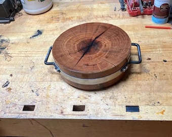 Mesquite Wood Cutting Board Round with Forged Stainless Hoop and STAINLESS HANDLES!