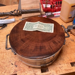 Mesquite Wood Cutting Board Round with Forged Stainless Hoop and STAINLESS HANDLES!