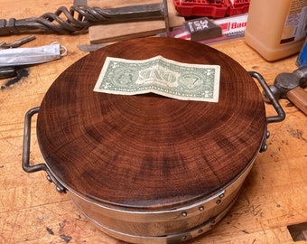 Mesquite Wood Cutting Board Round with Forged Stainless Hoop and STAINLESS HANDLES!