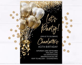 Black and Gold Birthday Party Invitations, Birthday Invites, Glitter, Elegant, Women's, Mens, ANY AGE | Pack of 10 with Envelopes