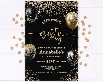 60th Birthday Party Invitations, Birthday Invites, Black Gold, Glitter, Elegant, Women's, Mens, ANY AGE | Pack of 10 with Envelopes