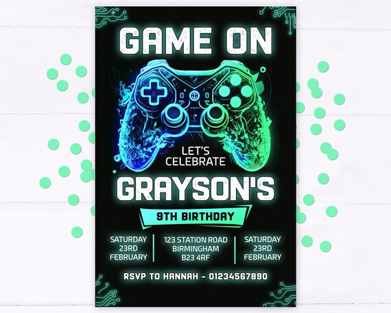 Gaming Birthday Party Invitations, Video Game Birthday Invites, Neon Videogame Gamer party invites ANY AGE | Pack of 10 with Envelopes