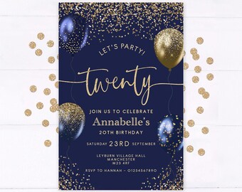 20th Birthday Party Invitations, Birthday Invites, Navy Blue Gold, Glitter, Elegant, Women's, Mens, ANY AGE | Pack of 10 with Envelopes