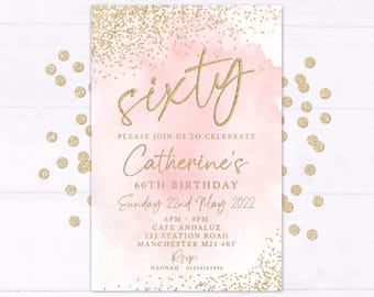Ladies 60th Birthday Party Invitations, Birthday Invites, Pink Gold, Watercolour, Women's, For her, ANY AGE | Pack of 10 with Envelopes