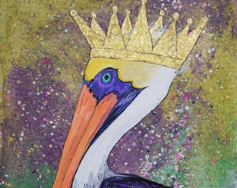 16x20 "Mardi Gras Pelican King" - LARGE PRINT matted to fit 16x20 frame