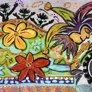 May include: A colorful painting of a Mardi Gras float with a jester figure, a green truck, and a group of people in black costumes. The float is decorated with flowers and beads.