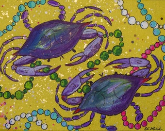 8x10 "Mardi Gras Crabs with Beads" - PRINT MATTED to fit 8x10 frame