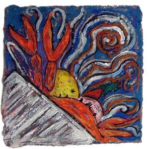May include: A colorful abstract painting with a red, orange, and yellow lobster-like creature in the foreground. The background is a blue and white swirl pattern.