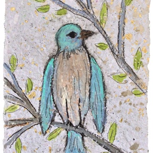 May include: A blue bird with a long tail perched on a branch with green leaves. The background is a light gray with gold flecks. The artist's signature, "Bill McLeod", is in the bottom right corner.
