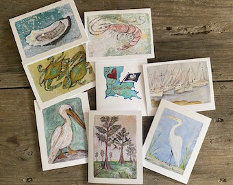 NOTECARDS- "Louisiana Bayou" themed 8 blank notecards- 8 different designs with envelopes