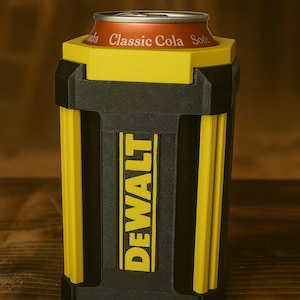 May include: A black and yellow insulated beverage holder with the word "DEWALT" in yellow. The holder is designed to fit a standard soda can, which is visible at the top. The can reads "Classic Cola Soda".