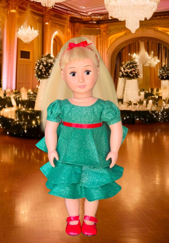 Christmas Green Glitter Dress, Belt, and Headband | 18 inch Doll Dress  (American Girl, Our Generation)