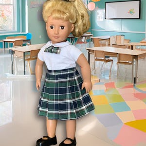 Preppy School Girl Uniform for 18 inch Dolls: Blouse, Plaid Skirt, and Bow Tie
