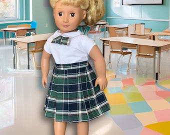 Preppy schoolmeisjesuniform voor poppen van 18 inch: blouse, geruite rok en vlinderdas