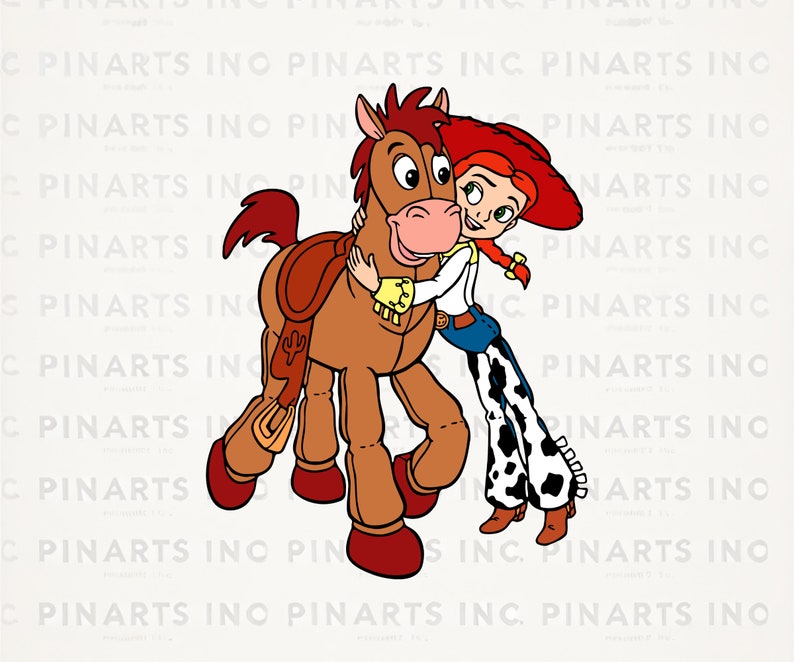 Puede incluir: Una ilustraci&oacute;n de dibujos animados de un caballo marr&oacute;n con una crin roja y una mu&ntilde;eca de vaquera roja y blanca abrazando al caballo. El caballo lleva una silla de montar marr&oacute;n y la vaquera lleva una camisa blanca, pantalones vaqueros azules con manchas de vaca blancas y un sombrero rojo.