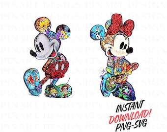Farbtupfer Micky & Minnie passende Disney Designs - Retro Paar PNG SVG - Disney Trip digitaler Download für Shirts Geschenke