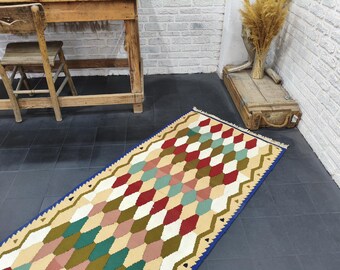 Vintage Turkish Kilim Runner Rug 3x7, Colorful Design; Handmade Wool Rug(30"x86")