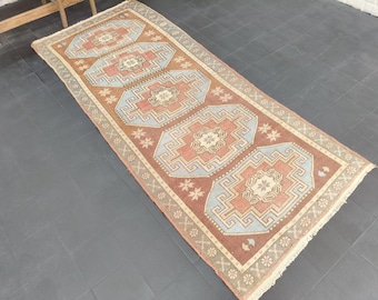 Vintage Blue Turkish Runner Rug 3x8, Handmade Anatolian Carpet, Decorative Hallway Rug, Boho Home Decor (41"x96")