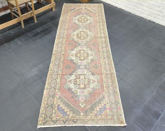 Vintage Turkish Runner Rug 3x9, Handmade Anatolian Carpet, Oushak Style Hallway Rug, Boho Rustic Home Decor, Faded Tribal Runner (38"x110")