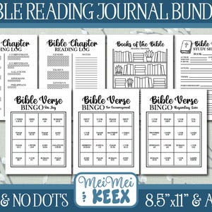 May include: A bundle of printable Bible study journals. The set includes reading logs, study sheets, and bingo cards. The journals are in black and white and feature the text "Bible Reading Journal Bundle", "Bible Chapter Reading Log", and "Bible Verse Bingo".