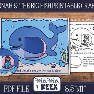 May include: Printable craft featuring a blue whale with a cut-out section revealing a man. Includes a color print version and instructions. Text reads "Jonah & The Big Fish Printable Craft" and "PDF File 8.5" x 11".