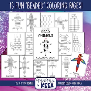 May include: A coloring book featuring 15 bead animal designs. The cover shows a black and white cow with the title "Bead Animals Coloring Book".