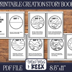 May include: A black and white printable creation story book with illustrations for each day of creation. The book includes the text "Printable Creation Story Book" at the top and "PDF FILE" at the bottom. The book is 21.59 cm x 27.94 cm.