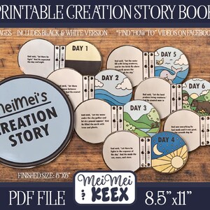 Puede incluir: Un libro imprimible de la historia de la creación con una cubierta azul claro y páginas circulares que ilustran los siete días de la creación. El libro incluye el texto "MeiMei's Creation Story". El tamaño final es de 12,7 cm x 12,7 cm.