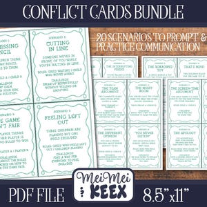 Pode incluir: Um arquivo PDF Conflict Cards Bundle com 20 cenários para estimular e praticar a comunicação. Os cartões são impressos em papel de 21,59 cm por 27,94 cm, cada um contendo um cenário social específico, papéis atribuídos e um desafio.