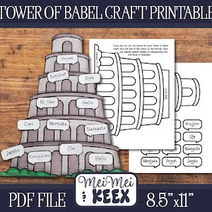 May include: A printable craft featuring the Tower of Babel with speech bubbles in various languages. The tower is gray with green accents, and the speech bubbles contain greetings like "Bonjour" and "Hello." The text "TOWER OF BABEL CRAFT PRINTABLE" is at the top.