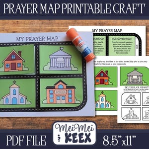 May include: A printable "Prayer Map" craft with a road design, featuring illustrations of a house, church, school, and government building. Includes a glue stick and additional pages with text and black and white versions. The paper size is 8.5" x 11".