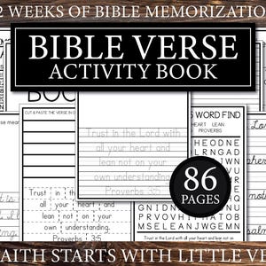 Puede incluir: Libro de actividades de versículos bíblicos con 86 páginas. El libro incluye ejercicios para completar, búsquedas de palabras y actividades de memorización de versículos. La portada presenta el texto "Bible Verse Activity Book" en blanco sobre fondo negro.