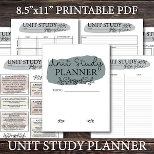 May include: A collection of printable PDF unit study planners, each 8.5" x 11" in size. The central planner features the title "Unit Study Planner" in a script font, with space for topics. Other pages include sections for planning and organizing.