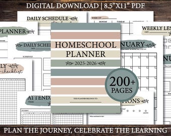 May include: Homeschool planner with a neutral color scheme, featuring a cover with horizontal stripes in beige, green, and pink. The planner includes a daily schedule, monthly checklist, and weekly lesson plan. The text "Homeschool Planner 2025-2026" is visible.