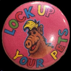 May include: A round, pink button with the text "LOCK UP YOUR PETS" in blue, yellow, and green lettering. The button features a cartoon illustration of a brown alien with yellow hair.